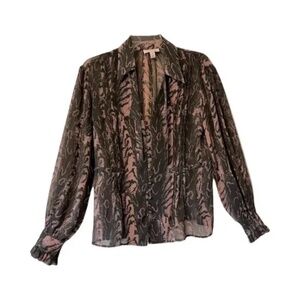 Topshop | Black Pink Abstract Button Front V-Neck Long Sleeve Blouse, Size 4